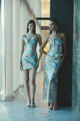 Brunette model wearing Athea Mini in Floral campaign shot 