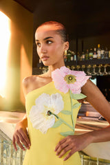 Brunette model wearing Hope One Shoulder Mini Dress in Yellow campaign shot