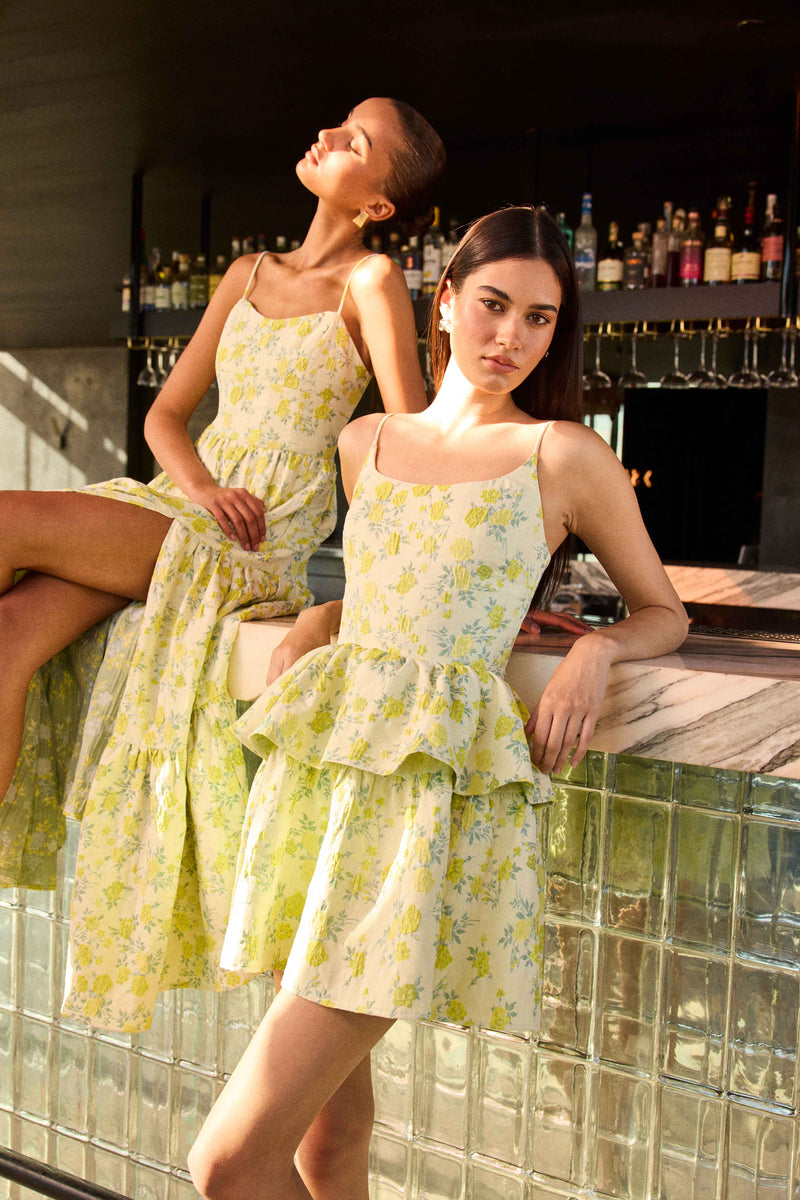 Posey Jacquard Mini Dress - Green Floral - XXS