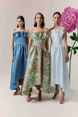 Brunette model wearing the Laurel Sleeveless Maxi Dress in Steel Blue campaign shot 