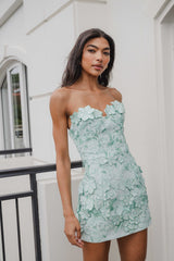 Brunette female model wears the Roseate Strapless Maxi Dress in Mint Green with the skirt detached