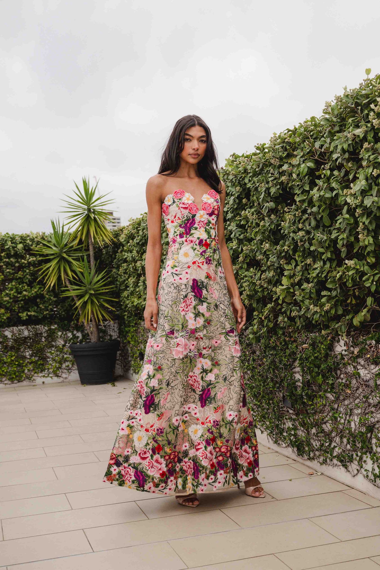 Flora Strapless Gown in Pink & Green Floral Flora Strapless Gown in Pink & Green Floral