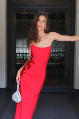 Brunette model wearing the Yasmine Strapless Maxi Dress in Red campaign shot 