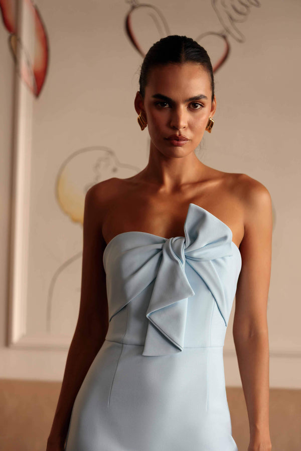 Brunette model wearing Ami Strapless Midi Dress in Blue close up campaign shot