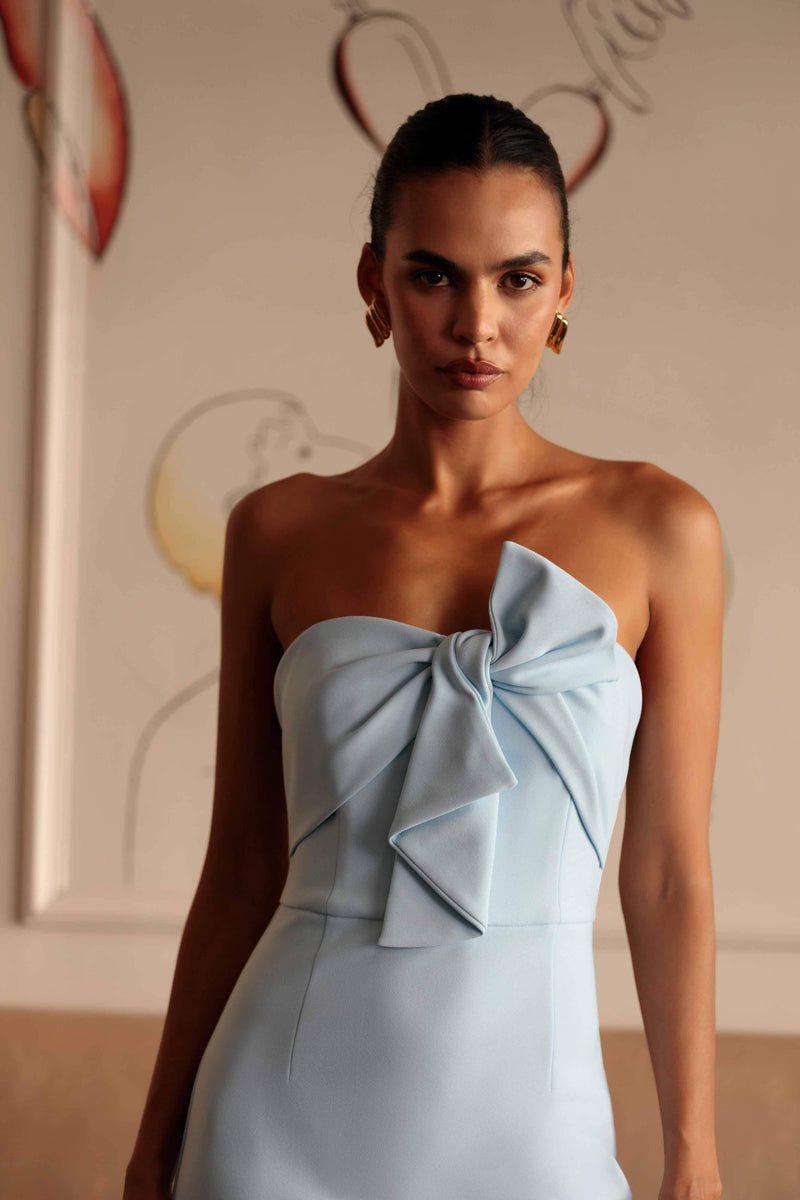 Brunette model wearing Ami Strapless Midi Dress in Blue close up campaign shot
