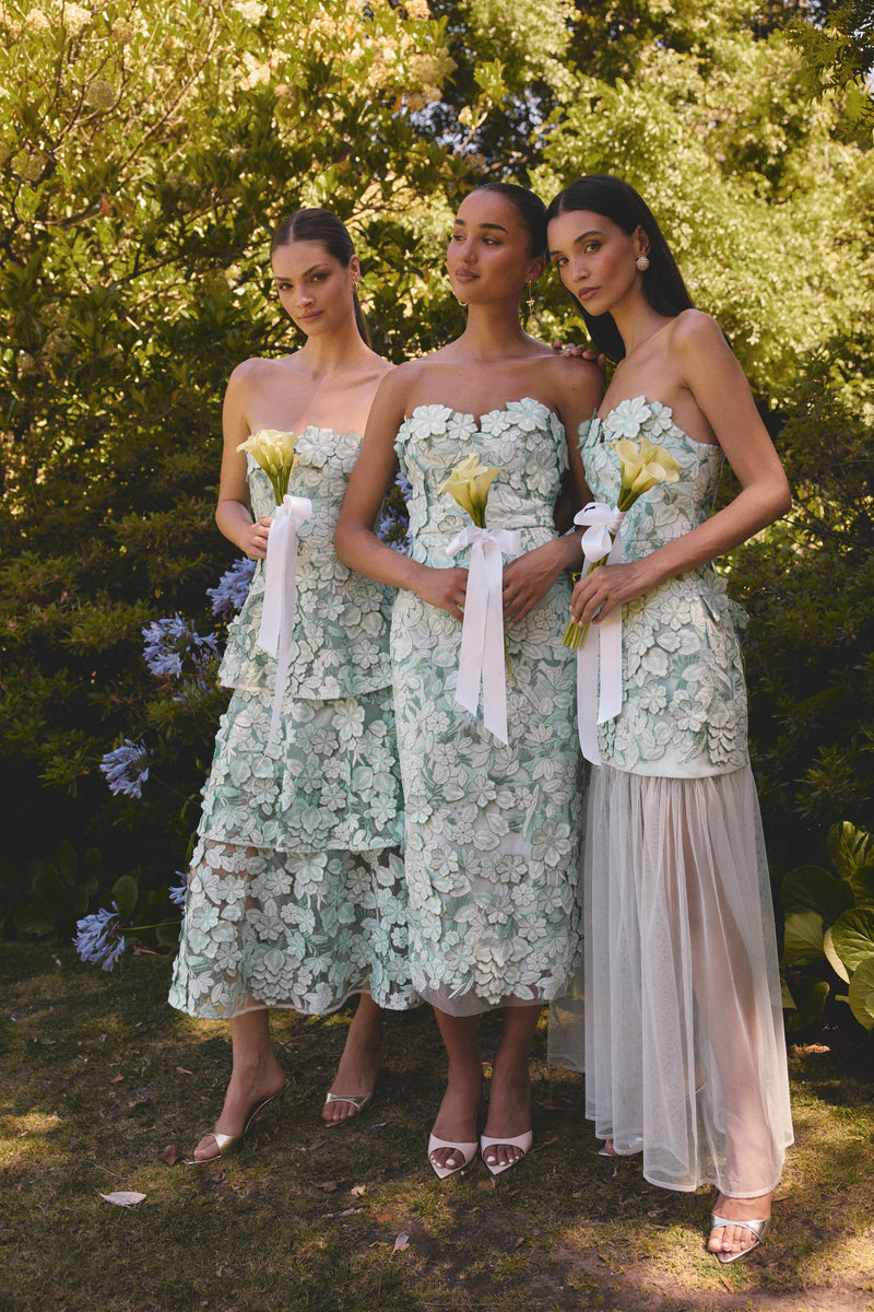 Roseate Strapless Midi Dress in Mint Green | Floral Lace Detailing Elliatt Roseate Strapless Midi Dress in Mint Green | Floral Lace Detailing Elliatt