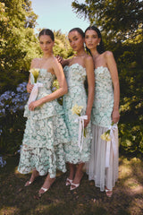 Brunette model wearing the Roseate Tiered Maxi Dress in Mint campaign shot 