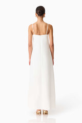 Brunette model wearing Nolana Floral Applique Gown in White back shot