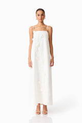 Brunette model wearing Nolana Floral Applique Gown in White front shot