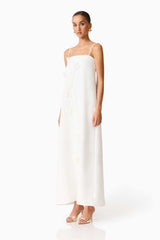 Brunette model wearing Nolana Floral Applique Gown in White side shot