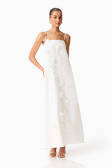 Brunette model wearing Nolana Floral Applique Gown in White posed shot