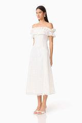 CURAAE Elen Off Shoulder Midi Dress in white with frill off shoulder detailing and lace fabrication side shot