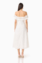 CURAAE Elen Off Shoulder Midi Dress in white with frill off shoulder detailing, lace fabrication & back zipper back shot