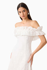 CURAAE Elen Off Shoulder Midi Dress in white with frill off shoulder detailing and lace fabrication close up shot