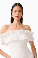 CURAAE Elen Off Shoulder Midi Dress in white with frill off shoulder detailing and lace fabrication detail shot