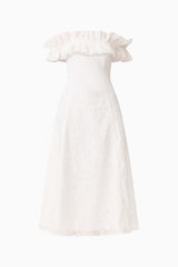 CURAAE Elen Off Shoulder Midi Dress in white with frill off shoulder detailing and lace fabrication ghost shot