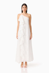 CURAAE Elen Ruffle Maxi Dress in White with ruffle detailing and asymmetric neckline front shot
