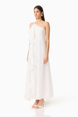 CURAAE Elen Ruffle Maxi Dress in White with ruffle detailing and asymmetric neckline side shot