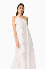 CURAAE Elen Ruffle Maxi Dress in White with ruffle detailing and asymmetric neckline close up shot
