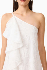 CURAAE Elen Ruffle Maxi Dress in White with ruffle detailing and asymmetric neckline detail shot