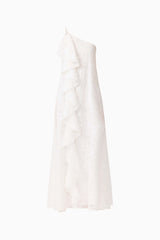 CURAAE Elen Ruffle Maxi Dress in White with ruffle detailing and asymmetric neckline ghost shot