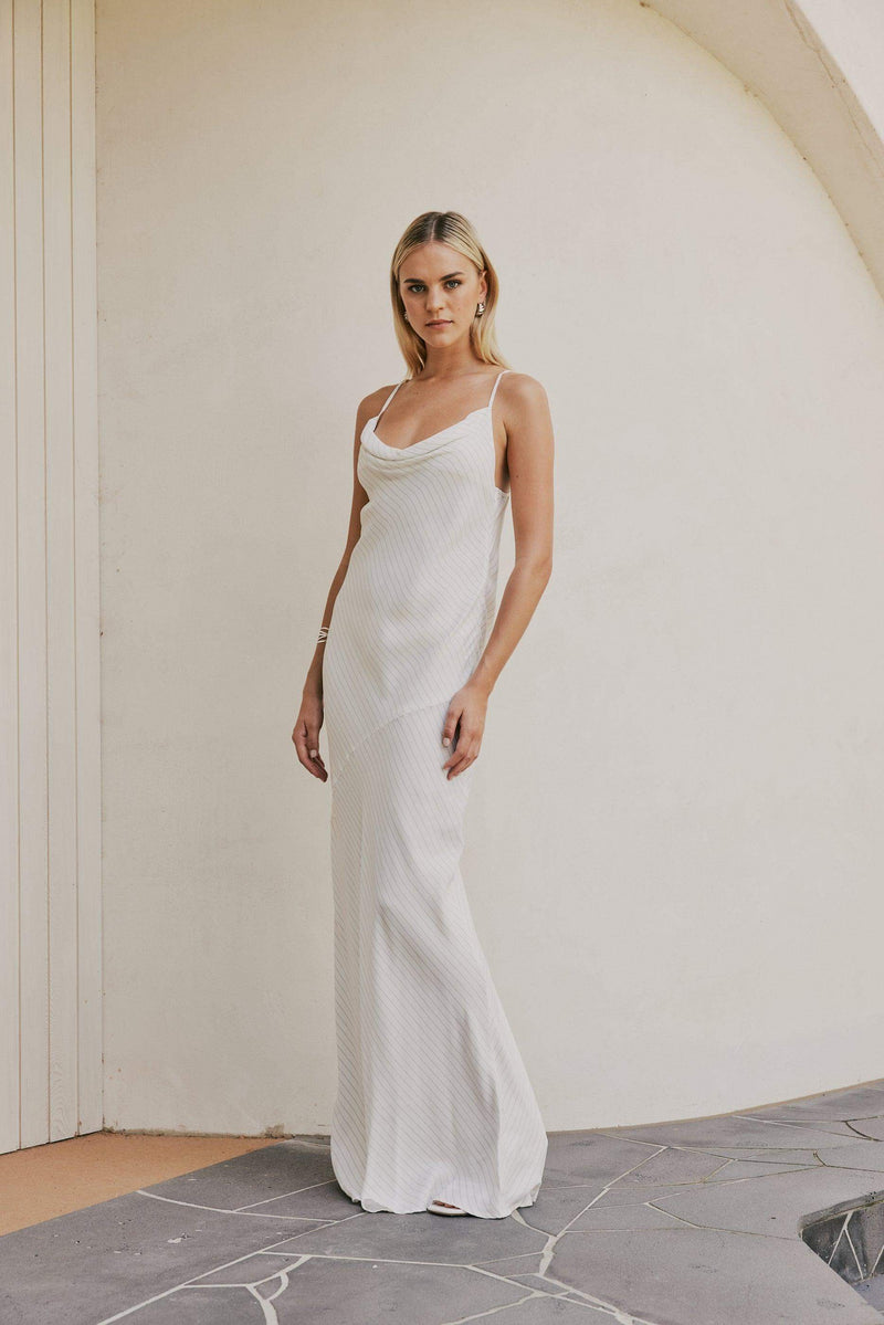 CURAAE Bella Maxi Cowl Neck Pinstripe Slip Dress In White CURAAE Bella Maxi Cowl Neck Pinstripe Slip Dress In White