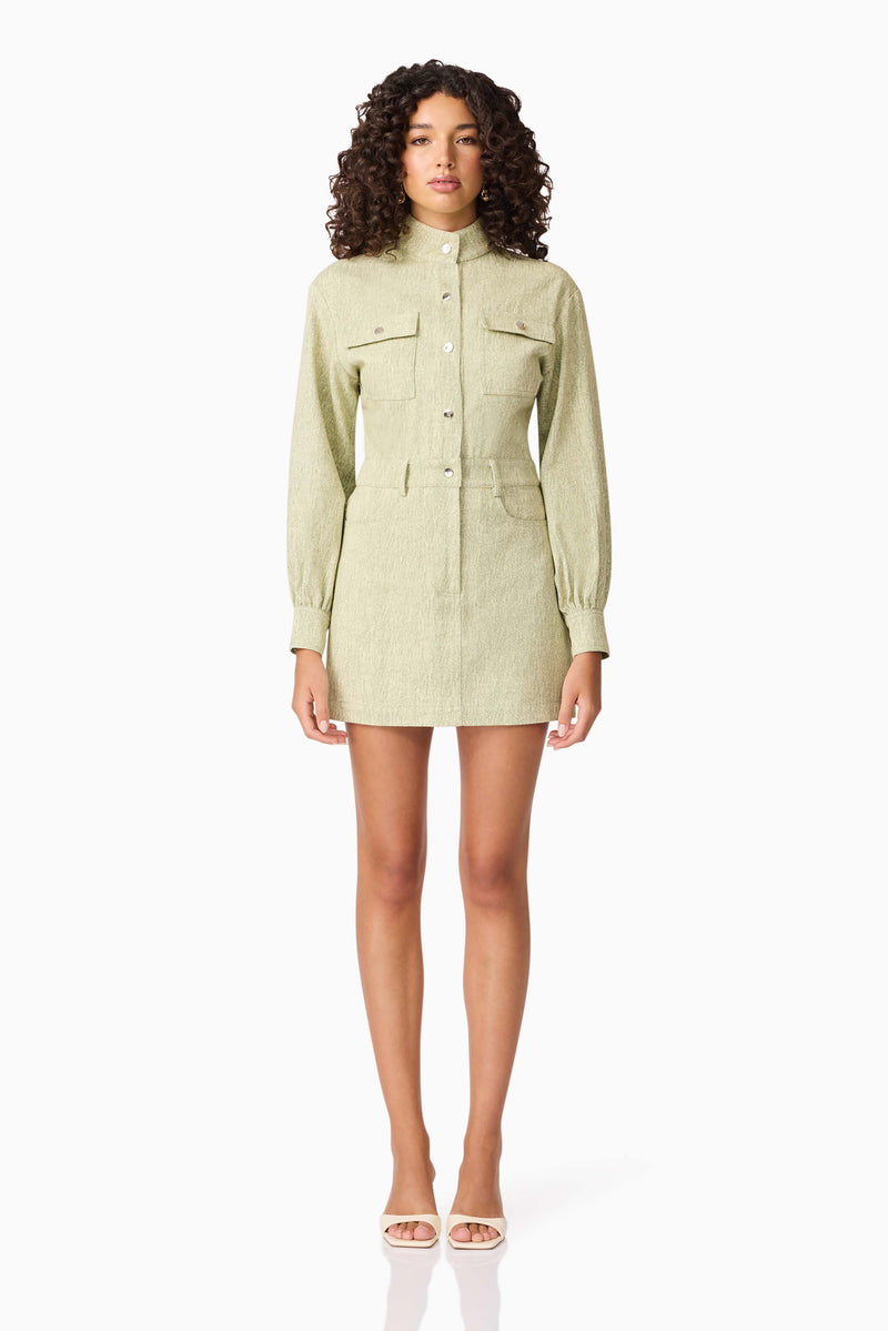 Brunette model wearing CURAAE Gretal Long Sleeve Mini Dress in Green front shot