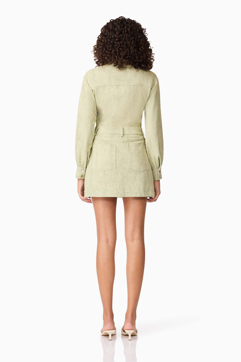 Brunette model wearing CURAAE Gretal Long Sleeve Mini Dress in Green back shot