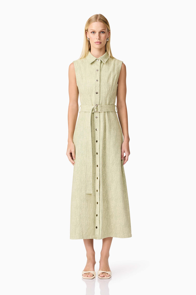 Blonde model wearing CURAAE Gretal Midi Dress in Green front shot