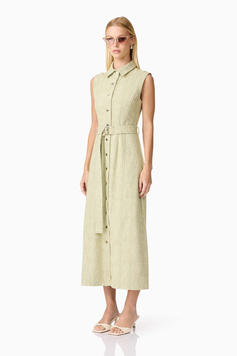 Blonde model wearing CURAAE Gretal Midi Dress in Green side shot
