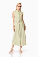 Blonde model wearing CURAAE Gretal Midi Dress in Green posed shot