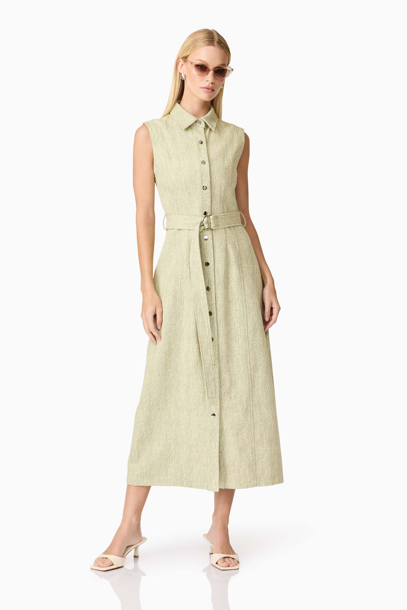 Blonde model wearing CURAAE Gretal Midi Dress in Green posed shot