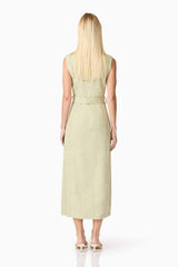 Blonde model wearing CURAAE Gretal Midi Dress in Green back shot