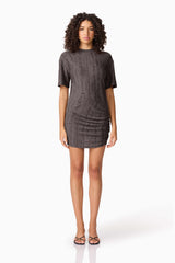 Brunette model wearing CURAAE Lavania Short Sleeve Mini Dress in Grey front shot