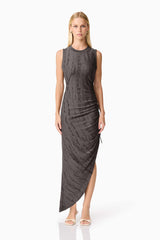 Blonde model wearing CURAAE Lavania Asymmetrical Midi Dress in Grey front shot