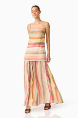 CURAAE Zala Maxi Dress in Striped Multi with a drop waist posed shot