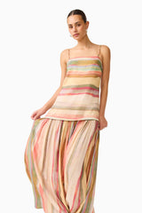 CURAAE Zala Maxi Dress in Striped Multi with a drop waist close up posed shot
