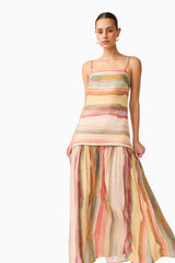 CURAAE Zala Maxi Dress in Striped Multi with a drop waist close up shot