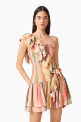 CURAAE Zala Ruffle Mini Dress in Striped Multi with ruffles close up shot