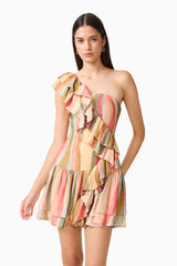 CURAAE Zala Ruffle Mini Dress in Striped Multi with ruffles close up posed shot