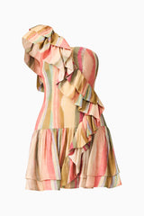 CURAAE Zala Ruffle Mini Dress in Striped Multi with ruffles ghost shot