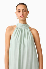 CURAAE Isaline Halter Maxi Dress in Sage Green with rhigh collar close up shot