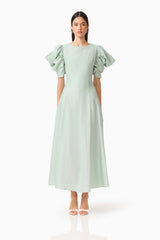 CURAAE Isaline Puff Sleeve Midi Dress in Sage Green with a regular fit front shot