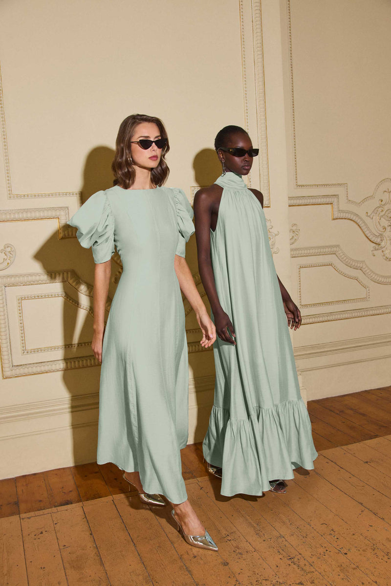 CURAAE Isaline Puff Sleeve Midi Dress - Sage Green - XS