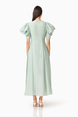 CURAAE Isaline Puff Sleeve Midi Dress in Sage Green with a back zipper back shot