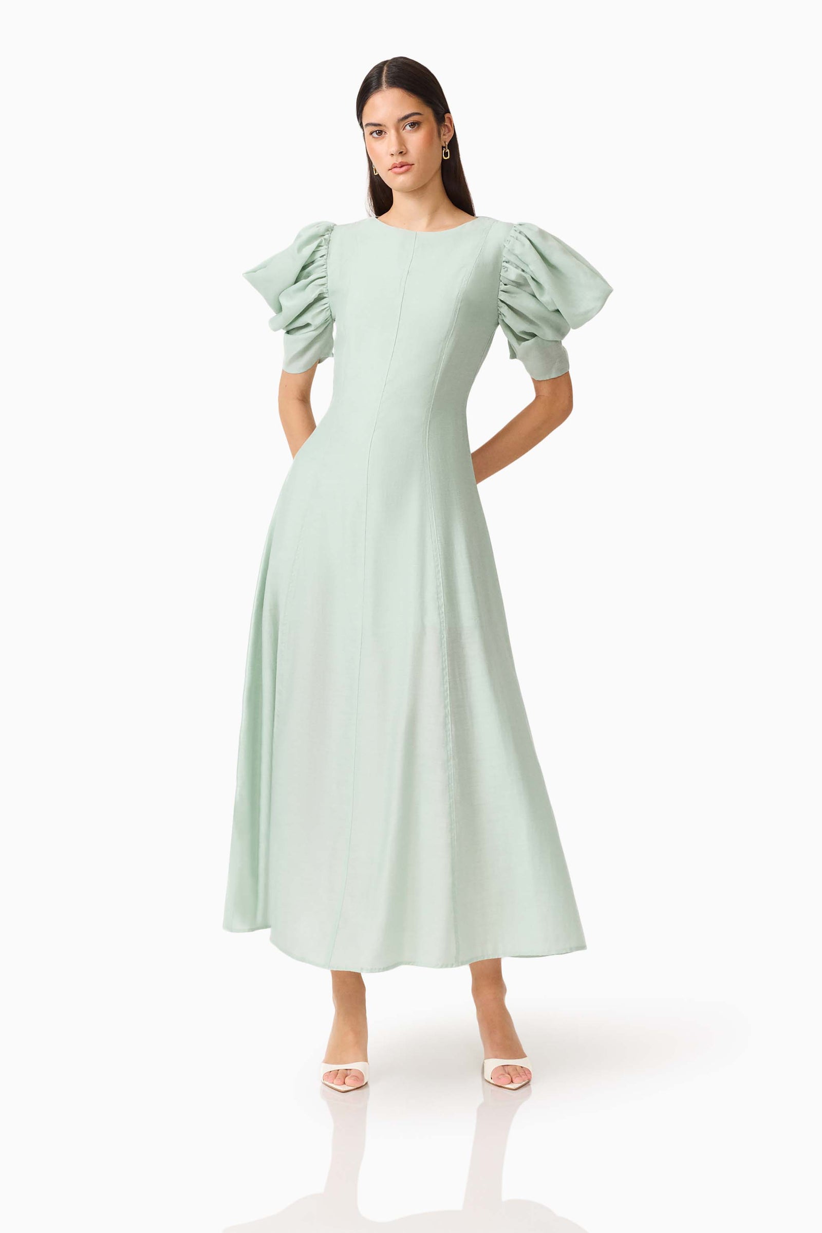 light green puff sleeve dress CURAAE Isaline Midi in Sage Kanye West defends Bianca feminine styles sale-overstock Size:8/XXL