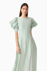 CURAAE Isaline Puff Sleeve Midi Dress in Sage Green with a regular fit close up shot