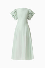 CURAAE Isaline Puff Sleeve Midi Dress in Sage Green with a regular fit ghost shot