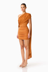 CURAAE Roya Asymmetric Mini Dress in Caramel Brown  with sash detail side shot