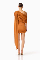 CURAAE Roya Asymmetric Mini Dress in Caramel Brown  with sash detail back shot
